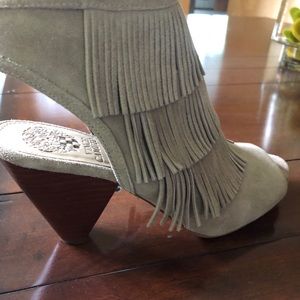 Vince Camuto Peek Toe Suede Fringe Heel Booties
